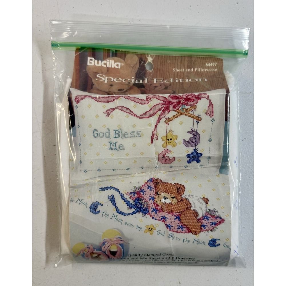 Bucilla Stamped Cross Stitch Mr Moon & Me Baby Sheet & Pillowcase Set New